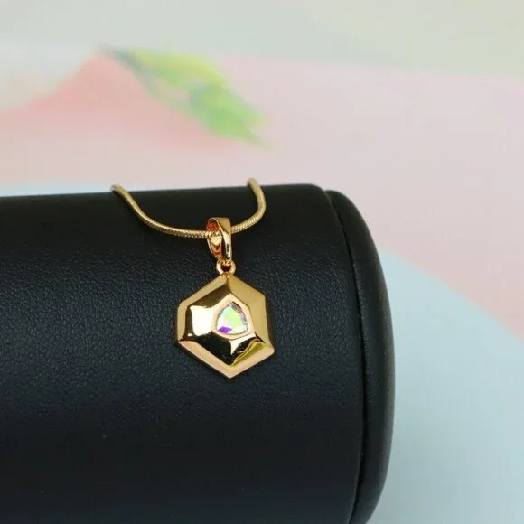 "Gold-Plated Satin White Pendant with Iridescent Center Stone, XPPT1749 - Picture 6 of 13